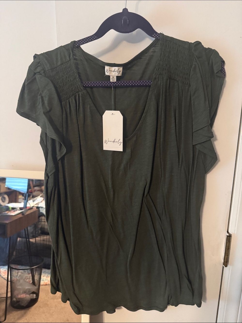Wonderly Olive Green V-Neck Ruffle Sleeve Top